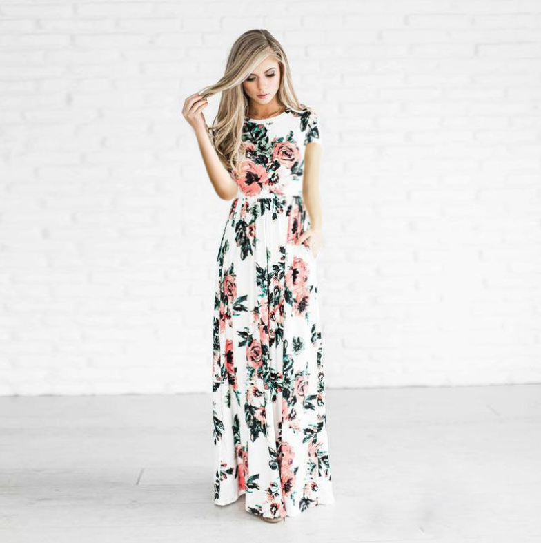 Flower Print Maxi Dress variant CJNSSYLY00207-White-3XL|CJNSSYLY00207-White-S|CJNSSYLY00207-White-XXL|CJNSSYLY00207-White-M|CJNSSYLY00207-White-L|CJNSSYLY00207-White-XL