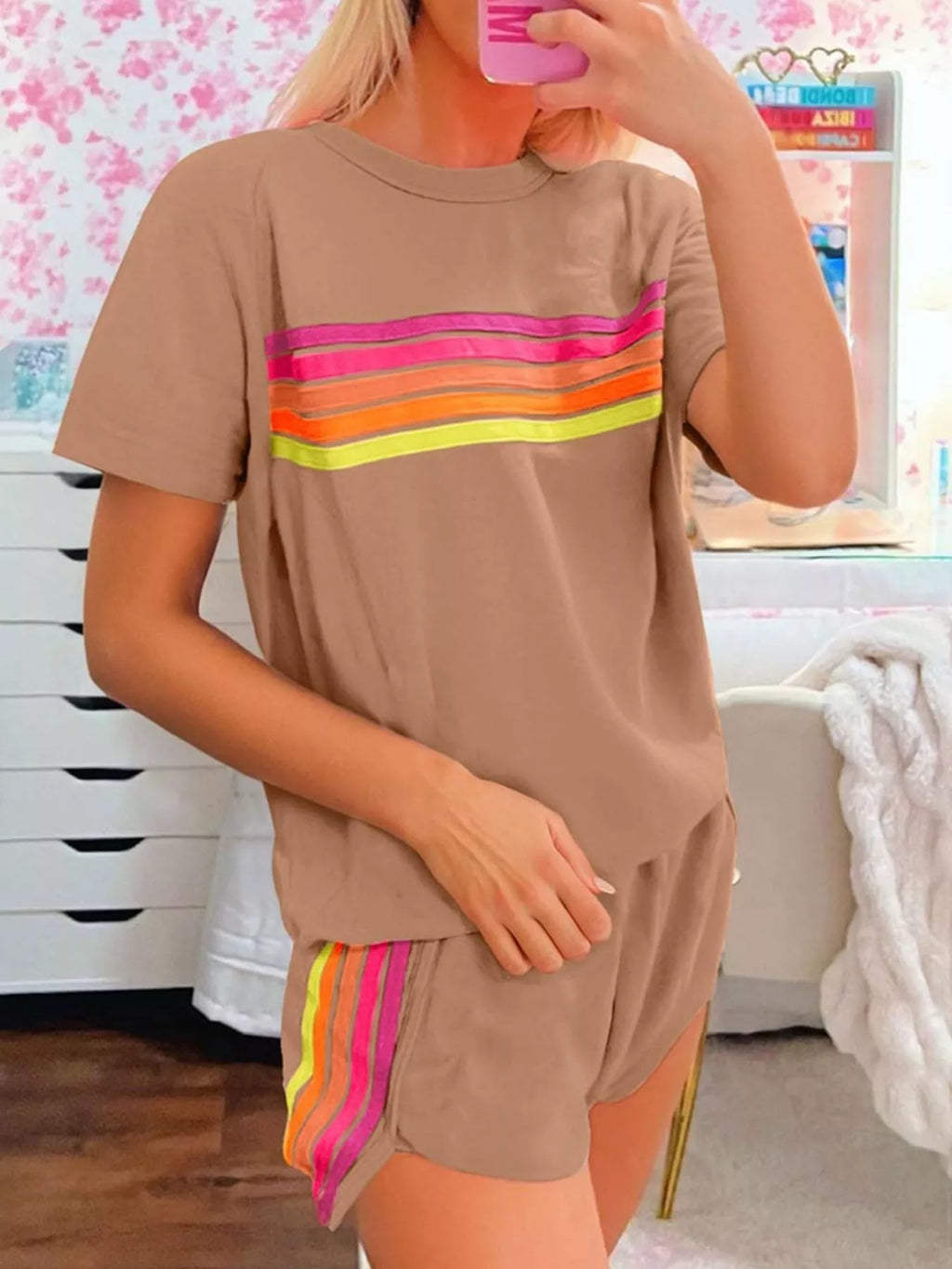 Rainbow Striped Round Neck Top Shorts Set (8)