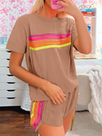 Rainbow Striped Round Neck Top Shorts Set (8)