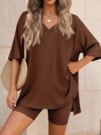 Full Size Casual Loose V-neck T-shirt Shorts Set Plus (14)