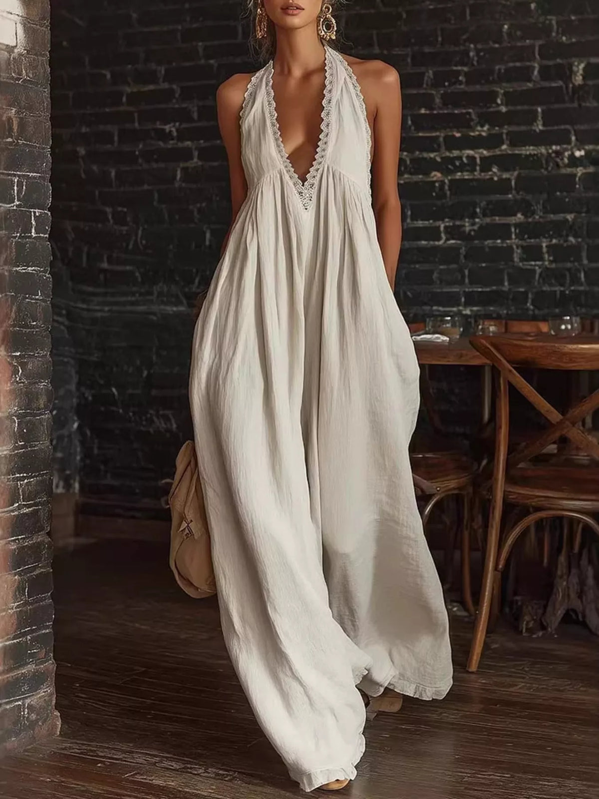 Full Size Halter Neck Lace Trim Wide Leg Jumpsuit Plus