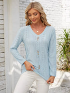 Decorative Button Openwork V-neck T-shirt