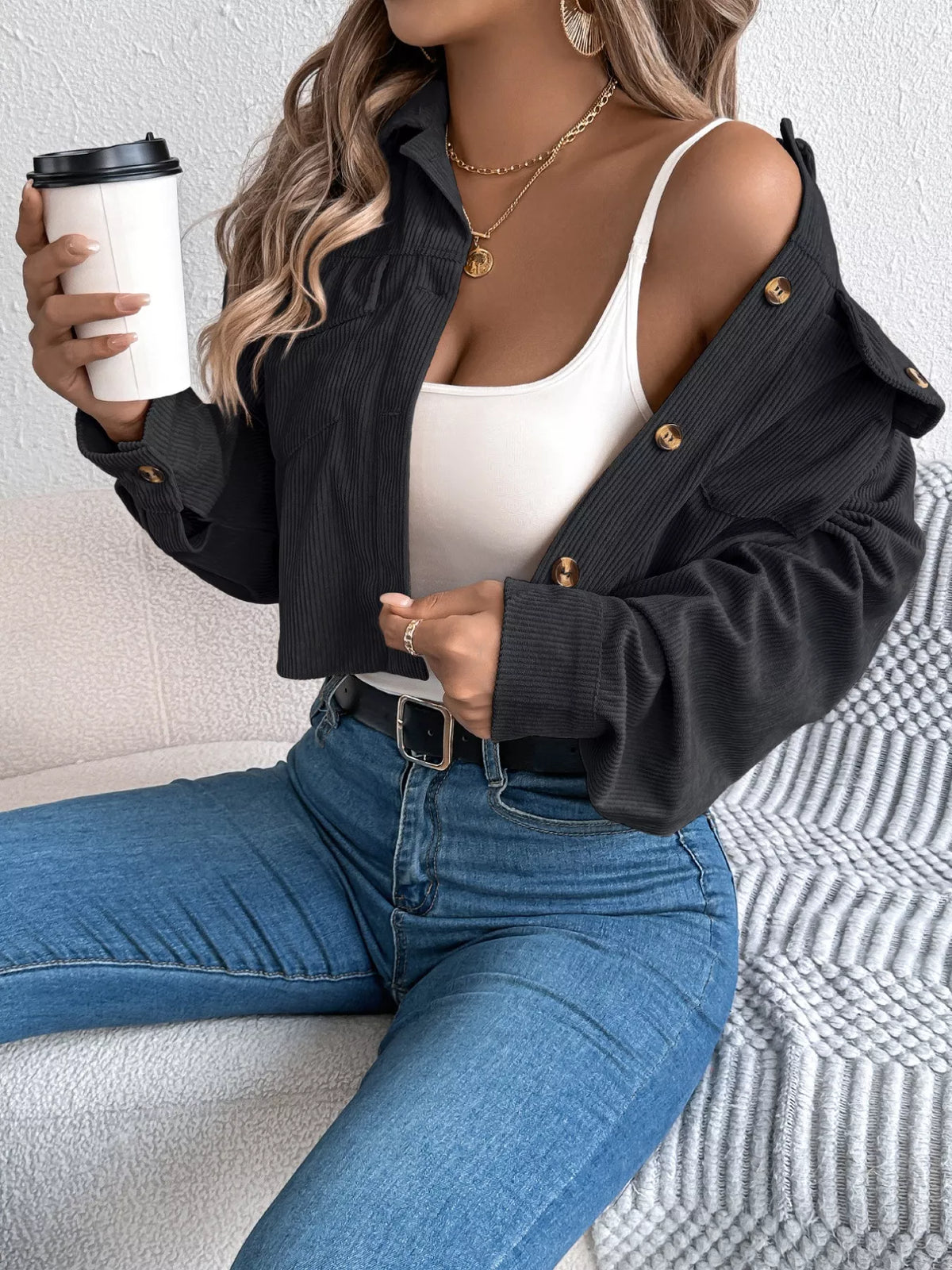 Corduroy Button-up Dropped Shoulder Jacket (3)