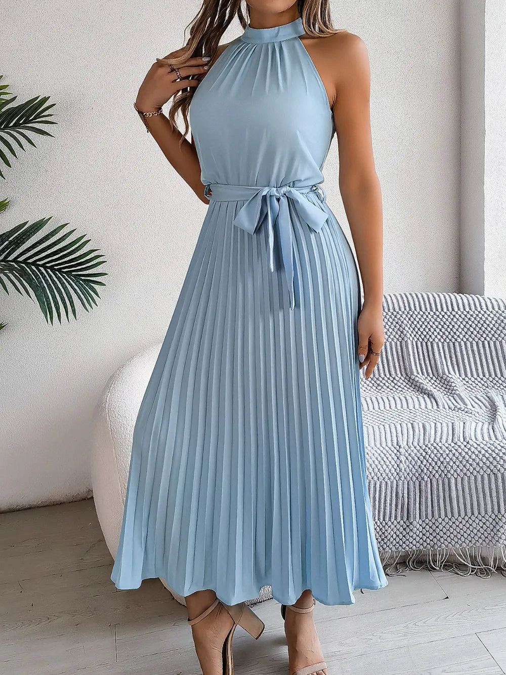 Grecian Neck Tie Waist Pleated Dress (6)