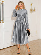 Tie Waist Long Sleeve Midi Dress (3)