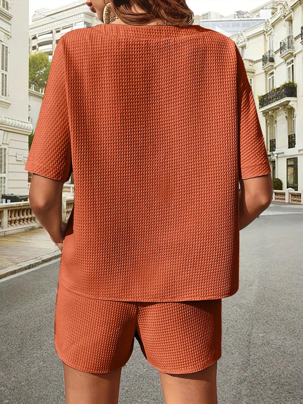 Waffle-knit Half Sleeve Top Shorts Set (17)