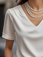 V-neck Short Sleeve Satin Blouse (6)