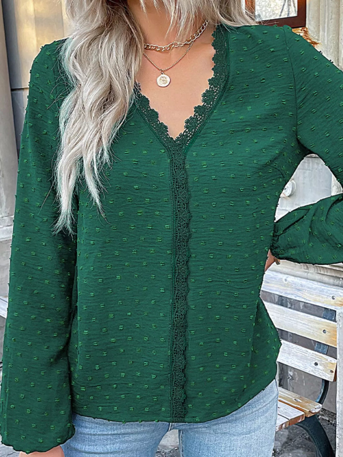 Lace Detail V-neck Long Sleeve Blouse (2)