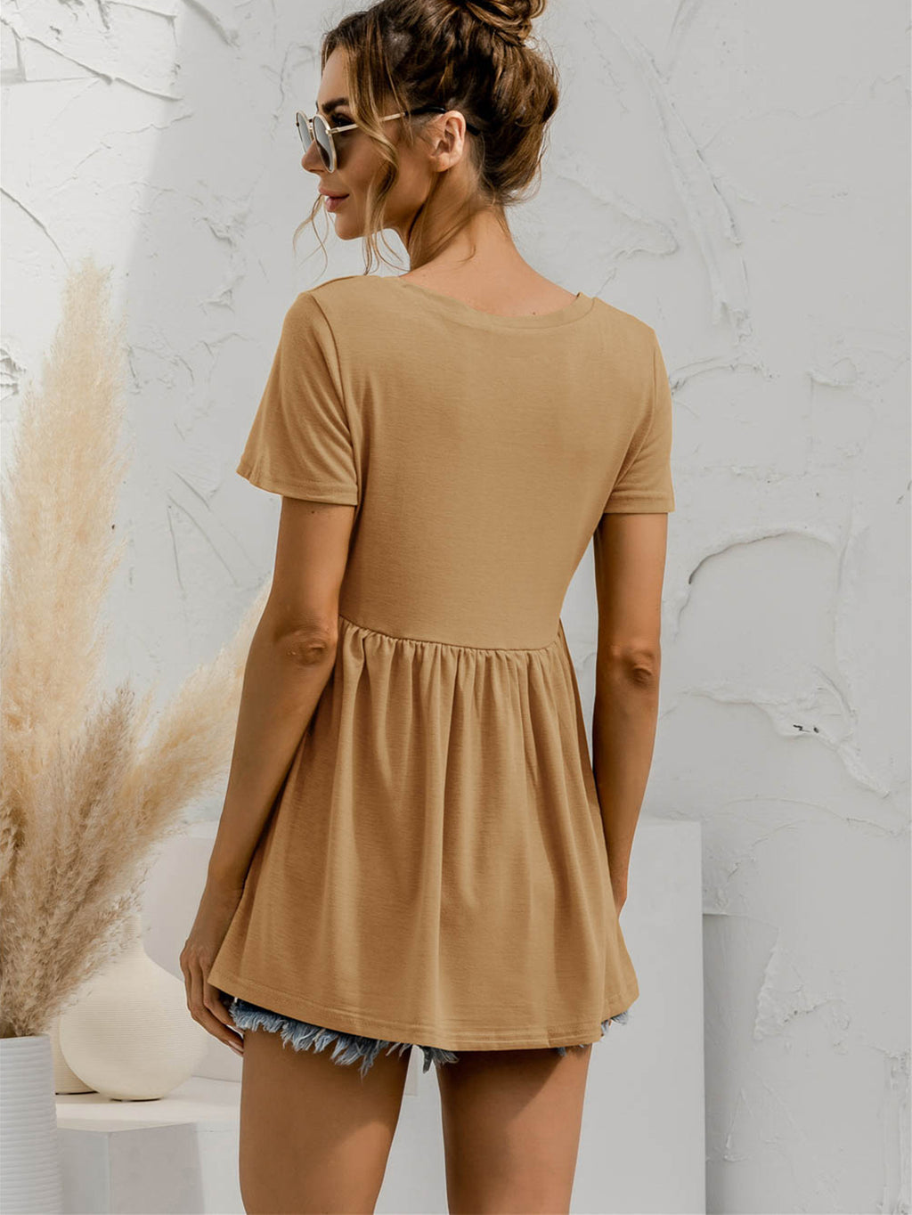 V-neck Short Sleeve Babydoll Top (2)