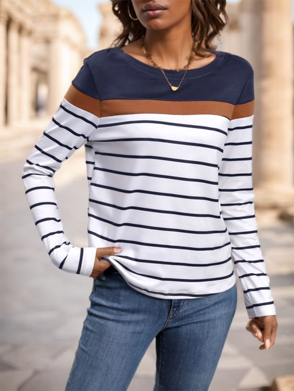 Women's Round Neck Striped Long Sleeve T-shirt (3)