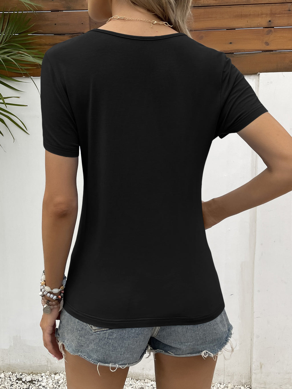 Lace Trim V-neck Short Sleeve Blouse (2)
