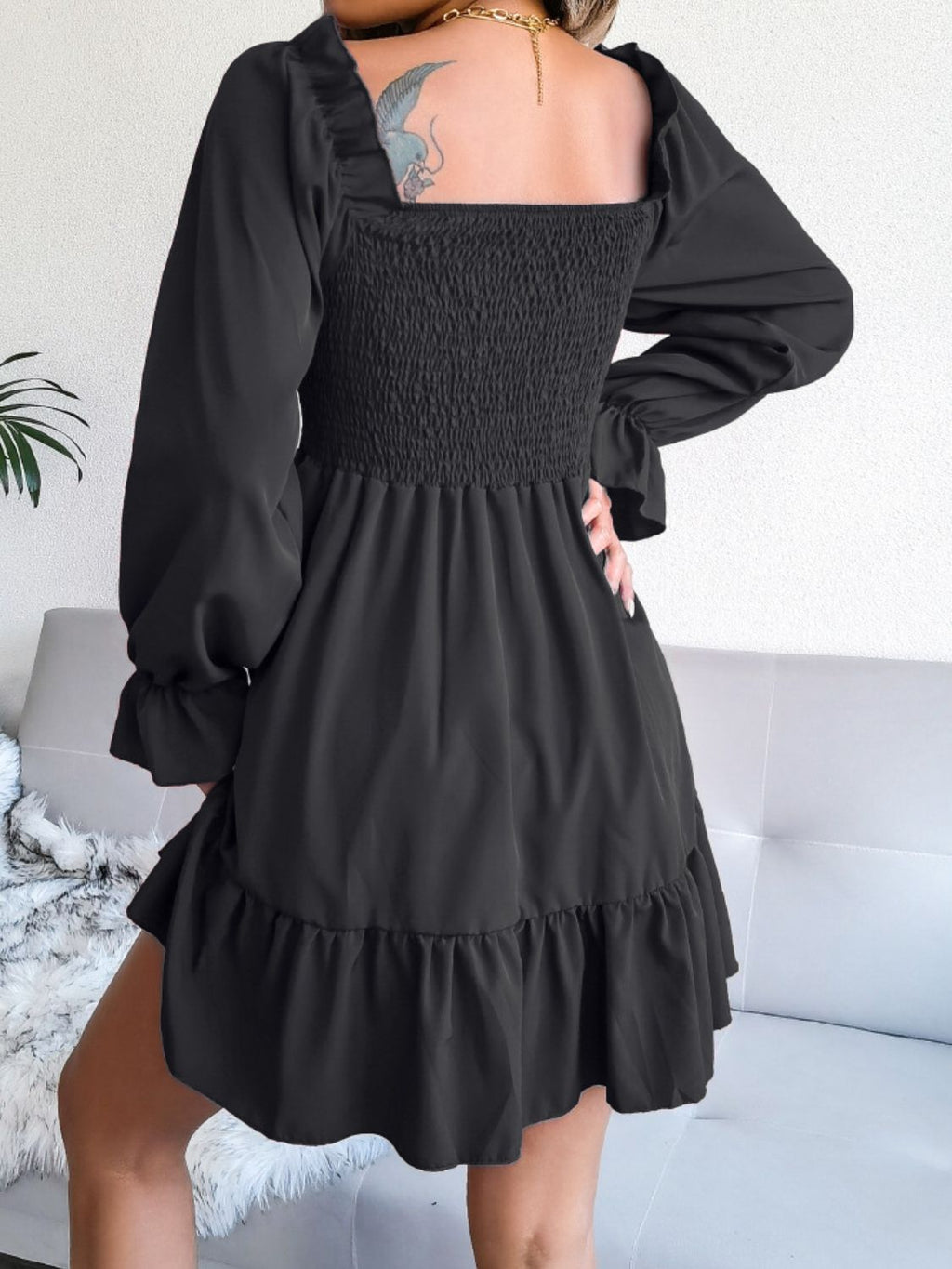 Smocked Flounce Sleeve Square Neck Dress (16)