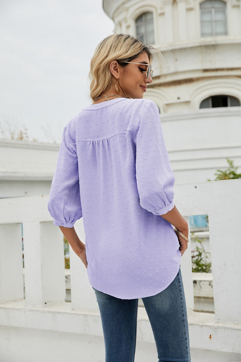 Swiss Dot Notched Neck Three-quarter Sleeve Blouse (29)