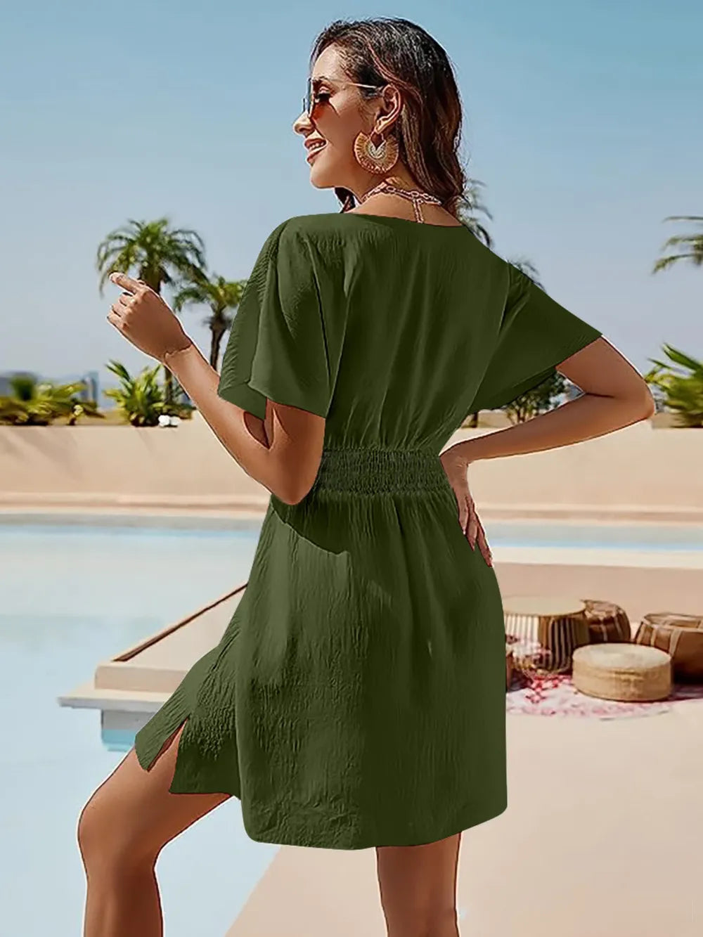 Smocked V-neck Short Sleeve Dress (14)