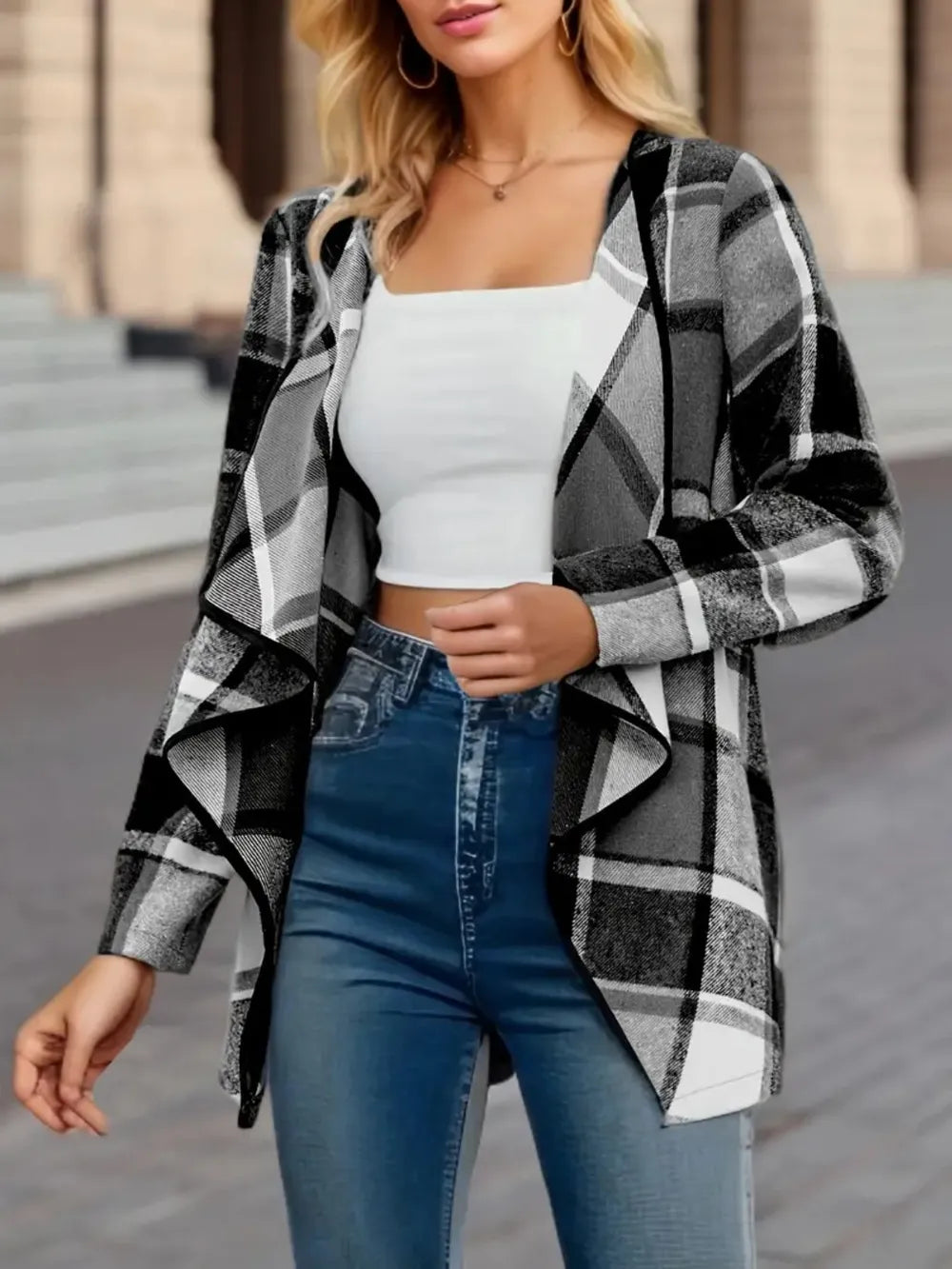 Plaid Open Front Long Sleeve Jacket (9)
