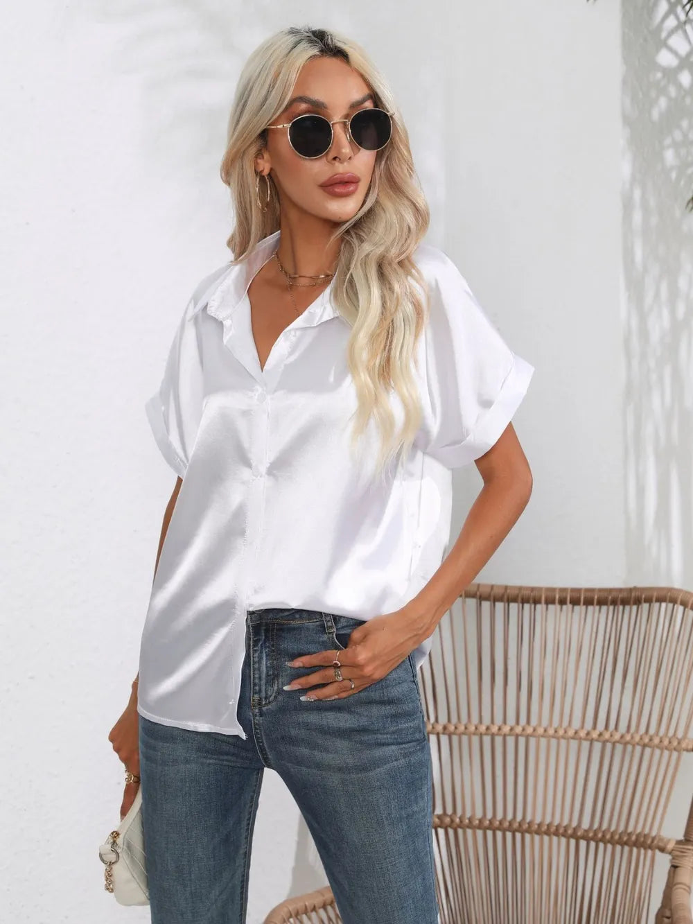 Button Down Collared Neck Short Sleeve Satin Shirt (10)