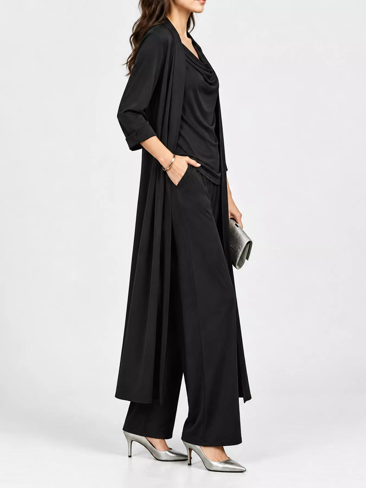 Full Size Cowl Neck Top Cardigan Pants Set Plus (25)
