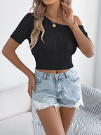 Openwork Single Shoulder Short Sleeve Knit Top (24)