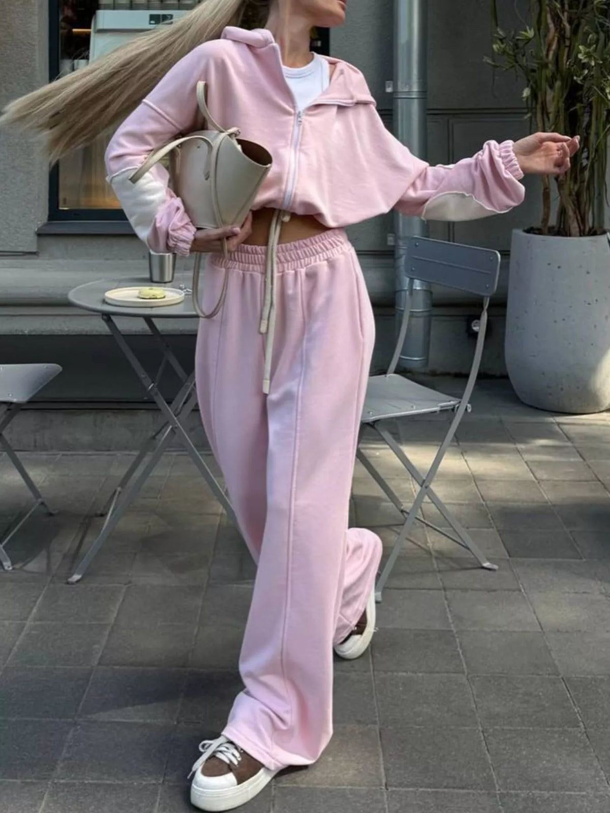 Zip Up Hoodie Wide-leg Pants Set (24)