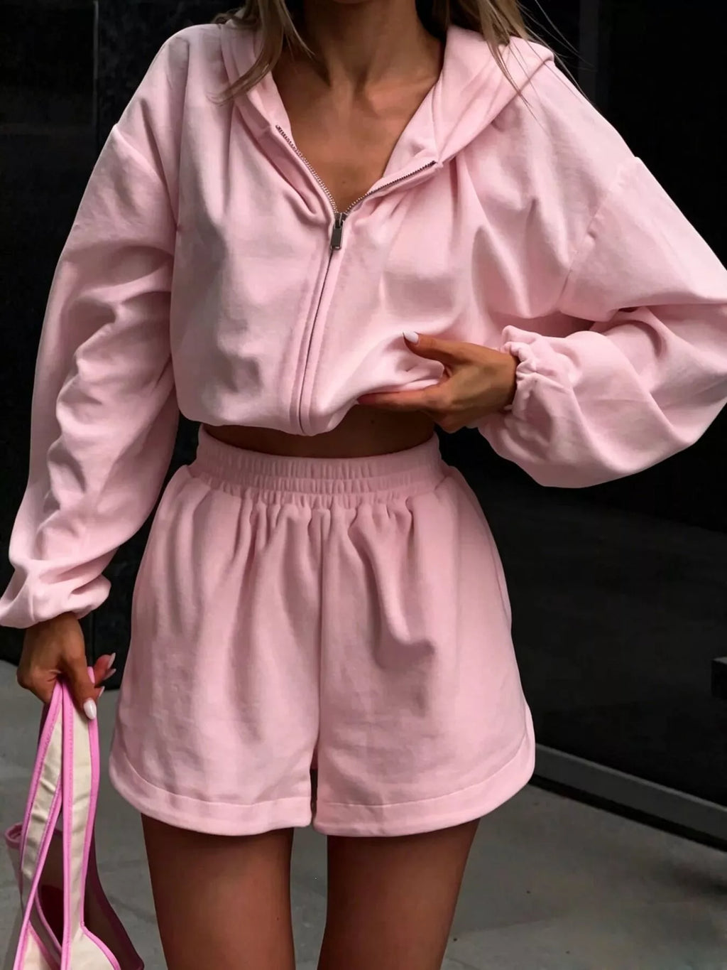 Zip Up Crop Hoodie Shorts Set (4)
