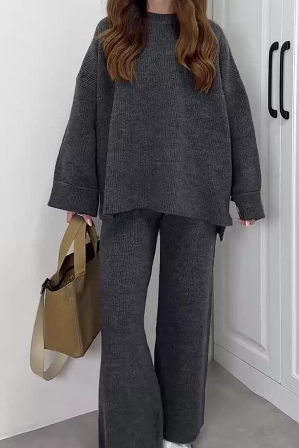 Dropped Shoulder Knit Sweater Wide Leg Pants Set (10)