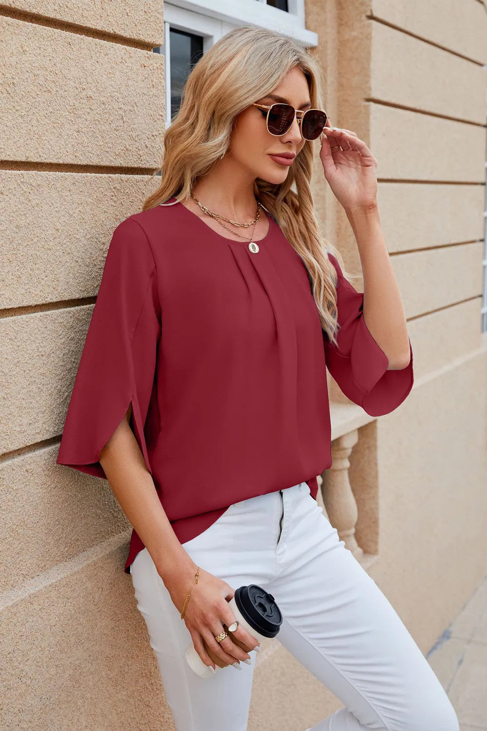 Round Neck Slit Half Sleeve Top (4)