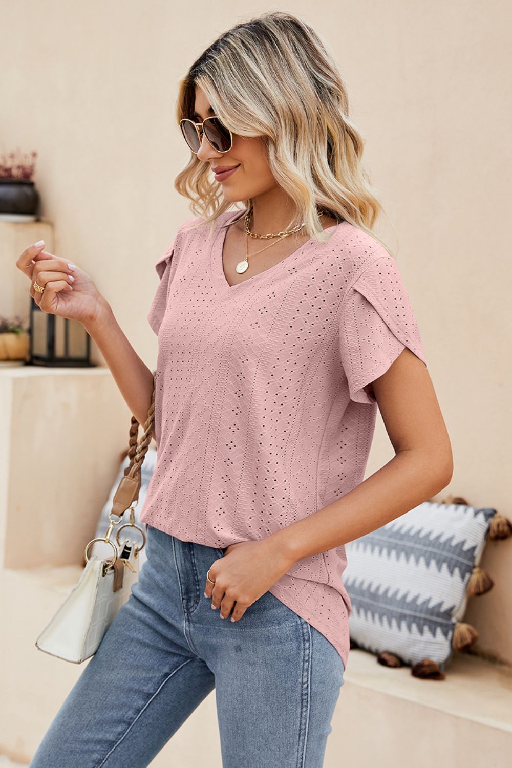 Eyelet Petal Sleeve V-neck Knit Top (17)