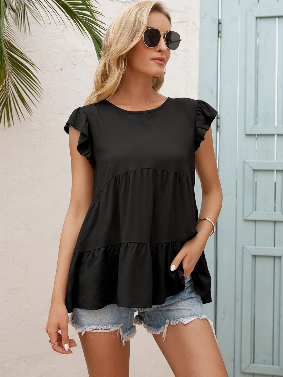 Round Neck Flutter Sleeve Tiered Blouse (13)