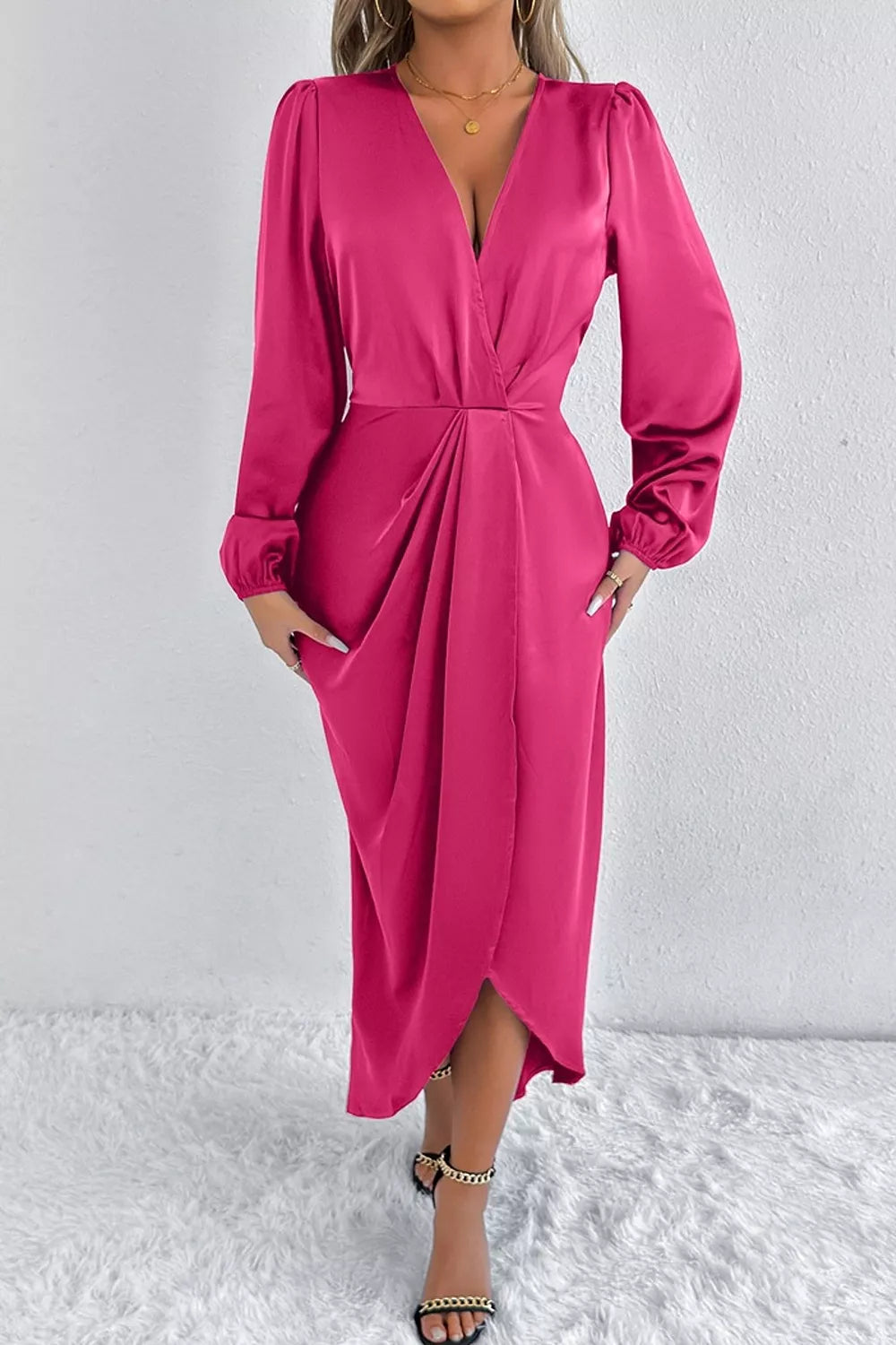 Satin Balloon Sleeve Midi Dress (15)