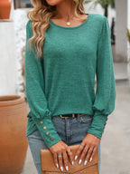 Decorative Button Round Neck Long Sleeve T-shirt (9)