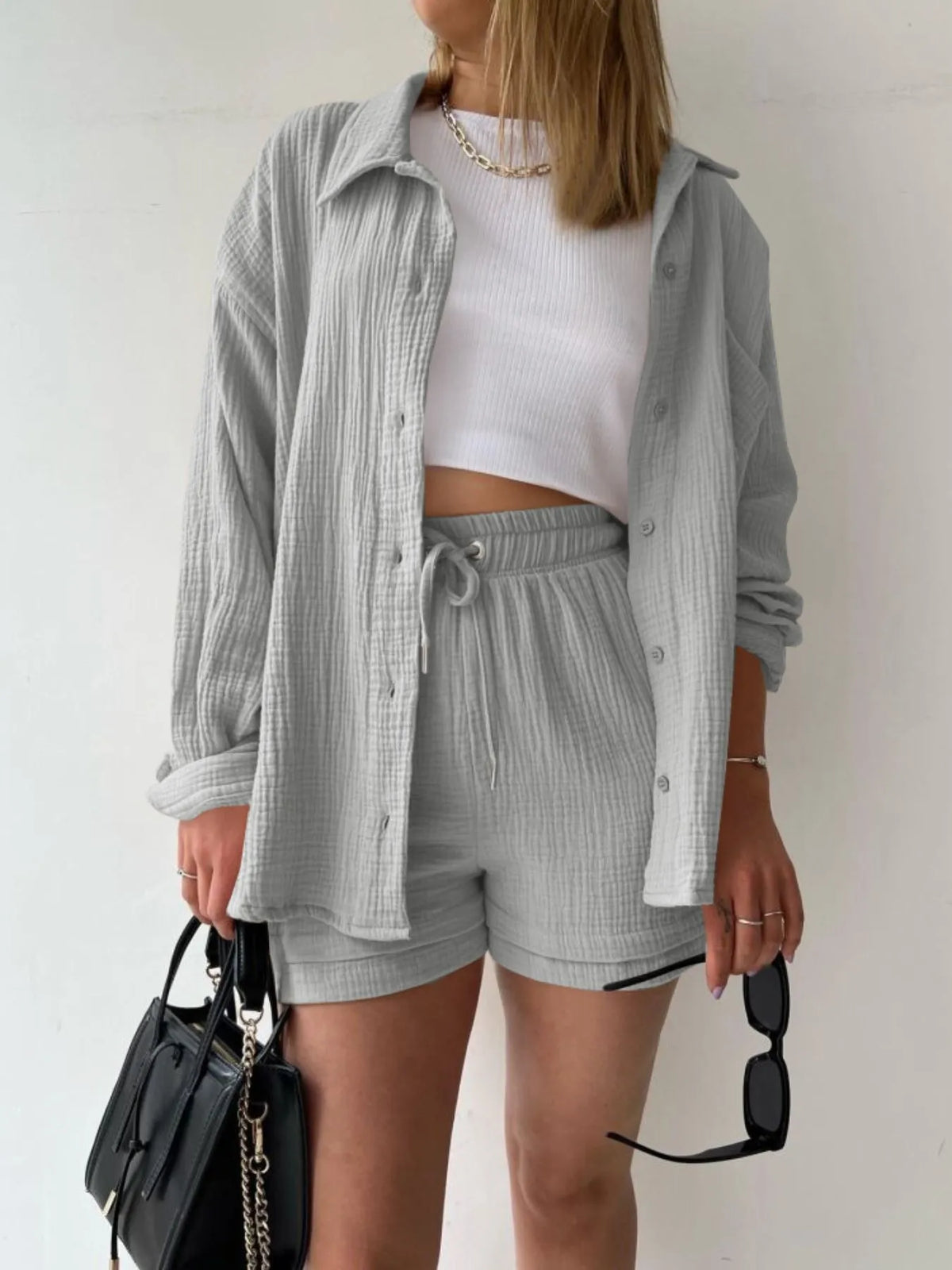 Textured Button Up Shirt Shorts Set (5)