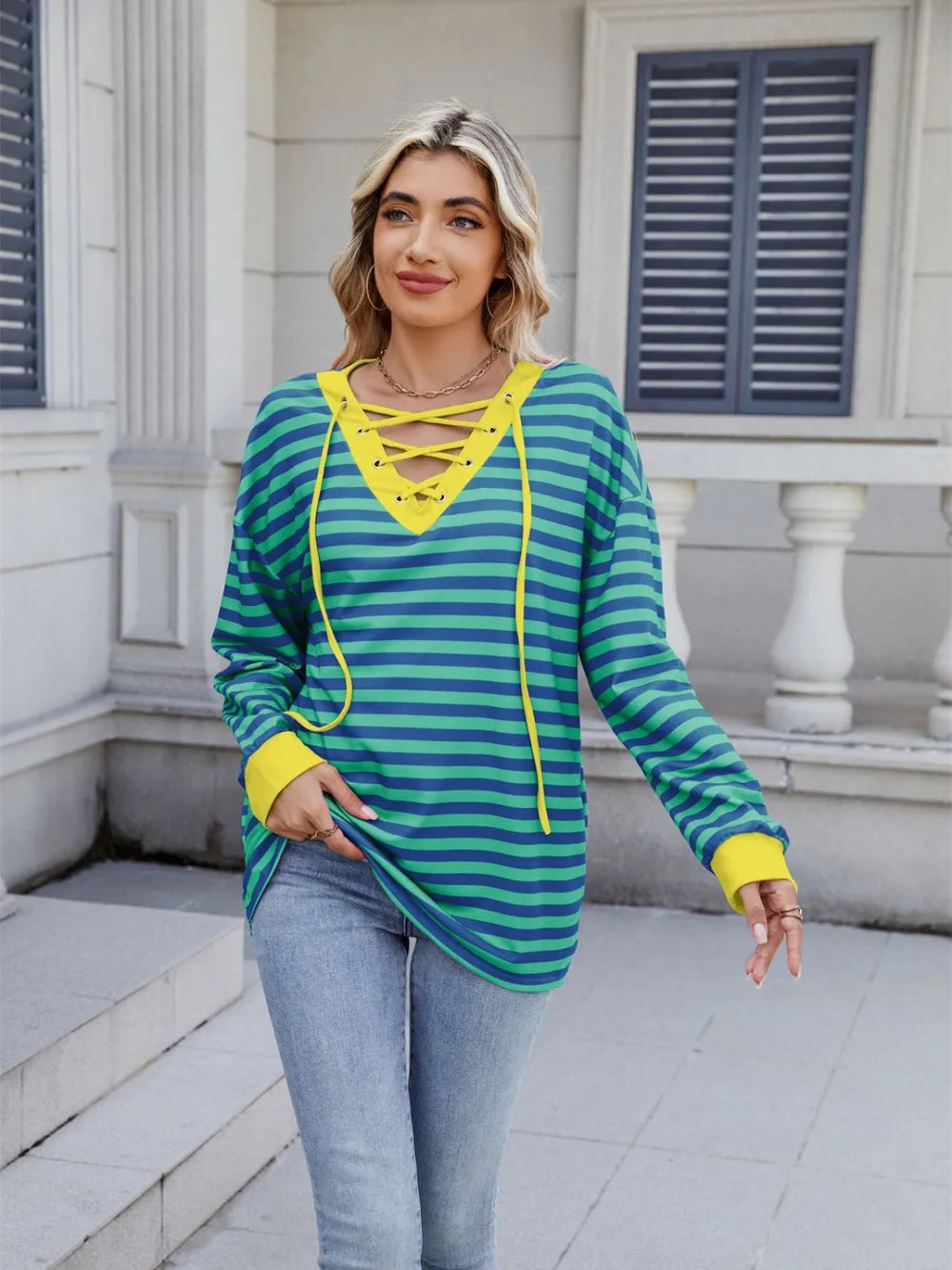 Lace-up Striped Long Sleeve T-shirt (14)