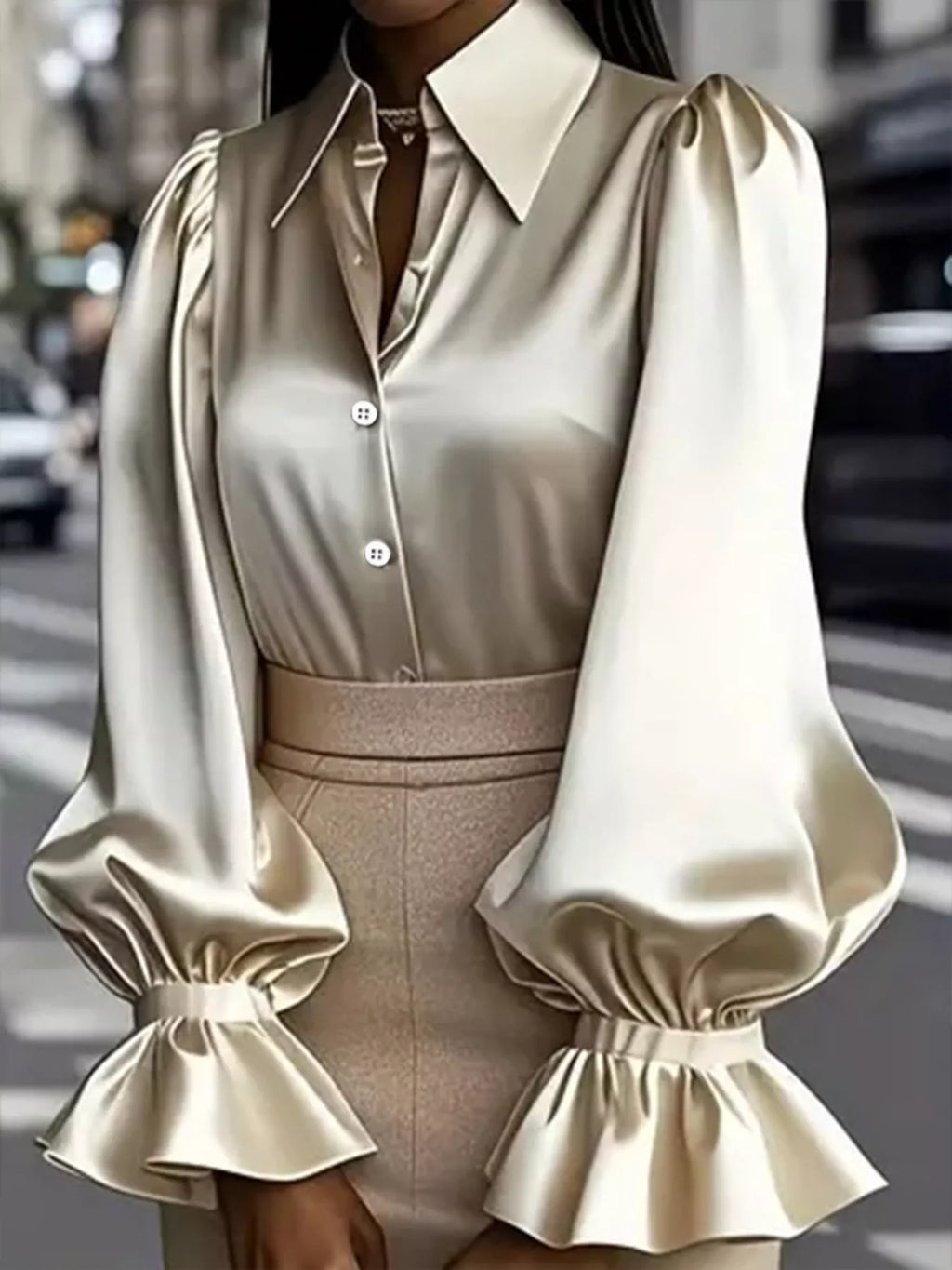 Satin Button Up Flounce Sleeve Shirt (2)