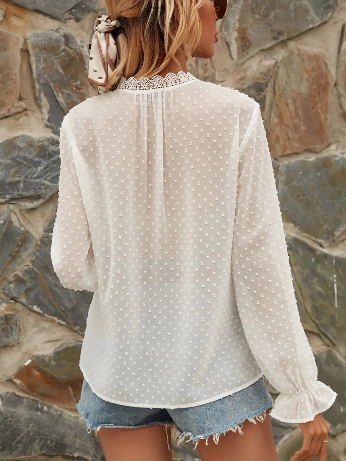 Lace Detail V-neck Swiss Dot Blouse (4)