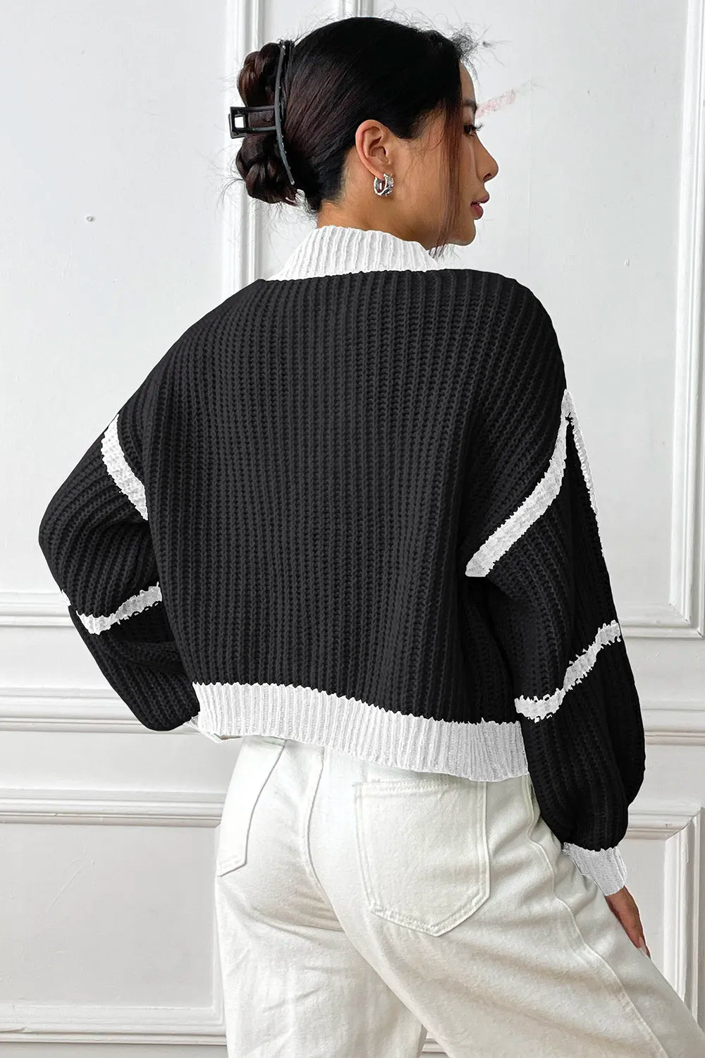 Contrast Open Front Long Sleeve Cardigan (7)