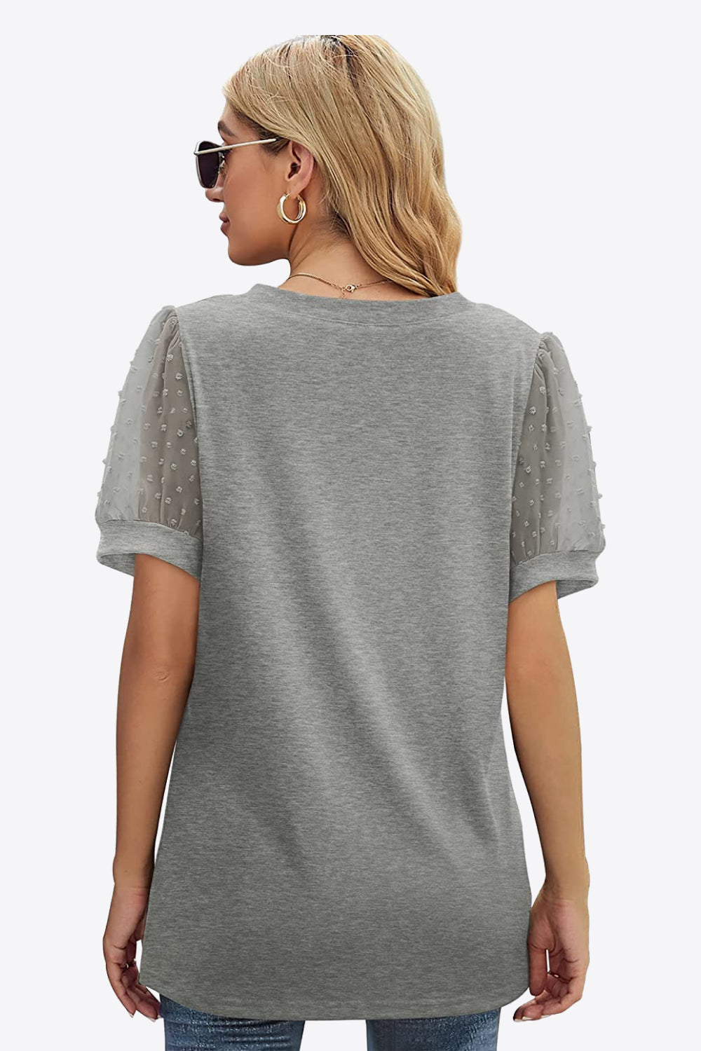 Swiss Dot Puff Sleeve V-neck Tee (2)