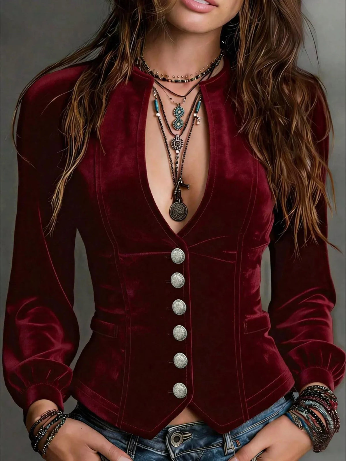 Button Down Plunge Velvet Shirt (2)