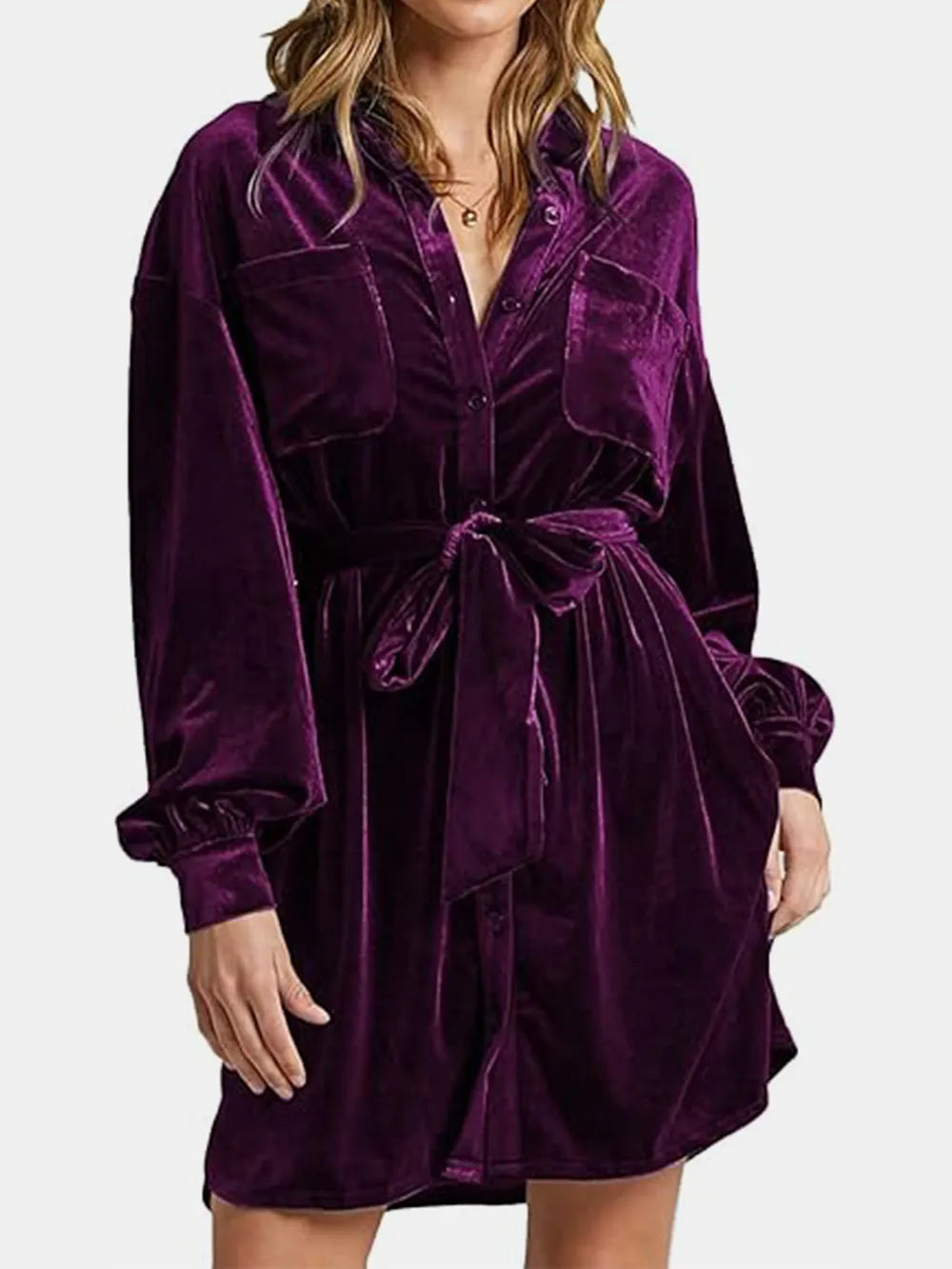 Collared Neck Button Down Long Sleeve Mini Dress (5)