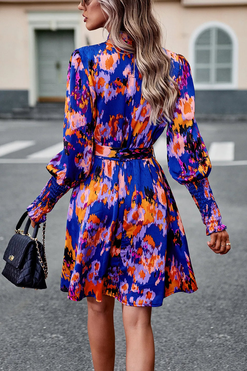 Printed Tie Waist Mock Neck Lantern Sleeve Dress (2)