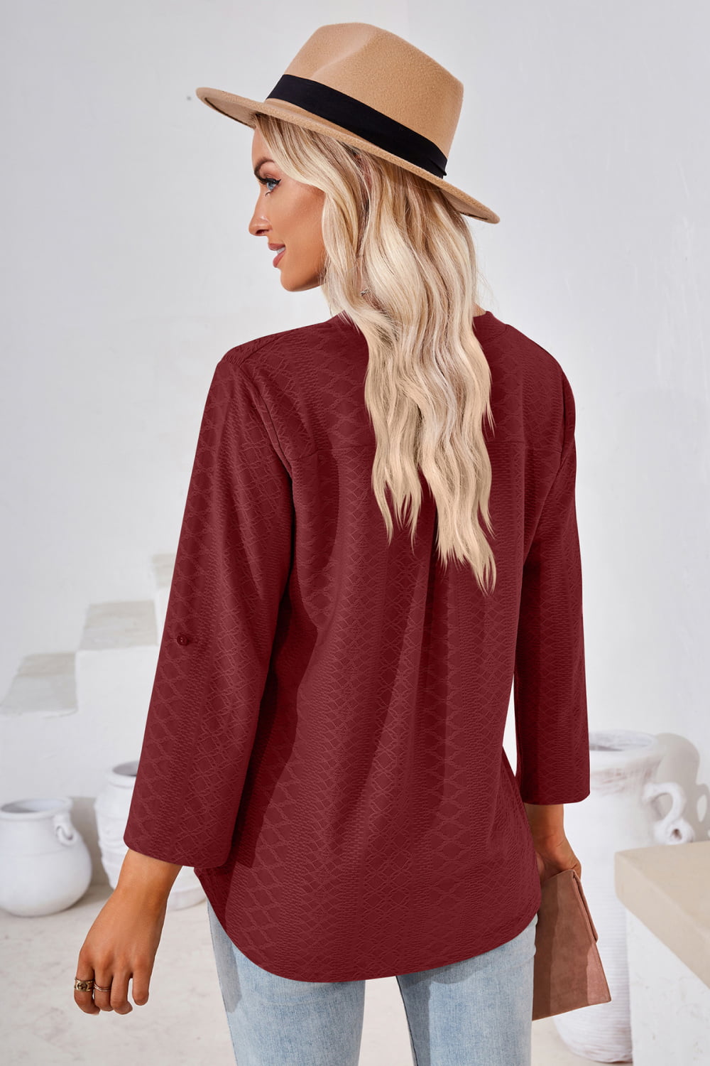 V-neck Roll-tap Sleeve Blouse (8)