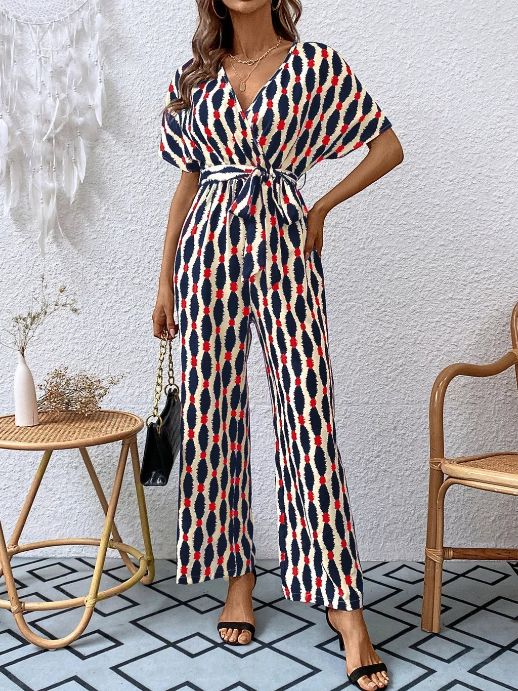 Printed Surplice Tie Waist Short Sleeve Jumpsuit (19)