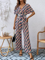 Printed Surplice Tie Waist Short Sleeve Jumpsuit (19)