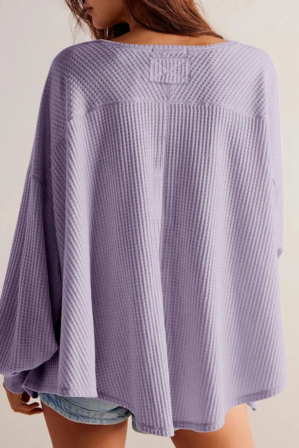Waffle-knit V-neck Long Sleeve Top (15)