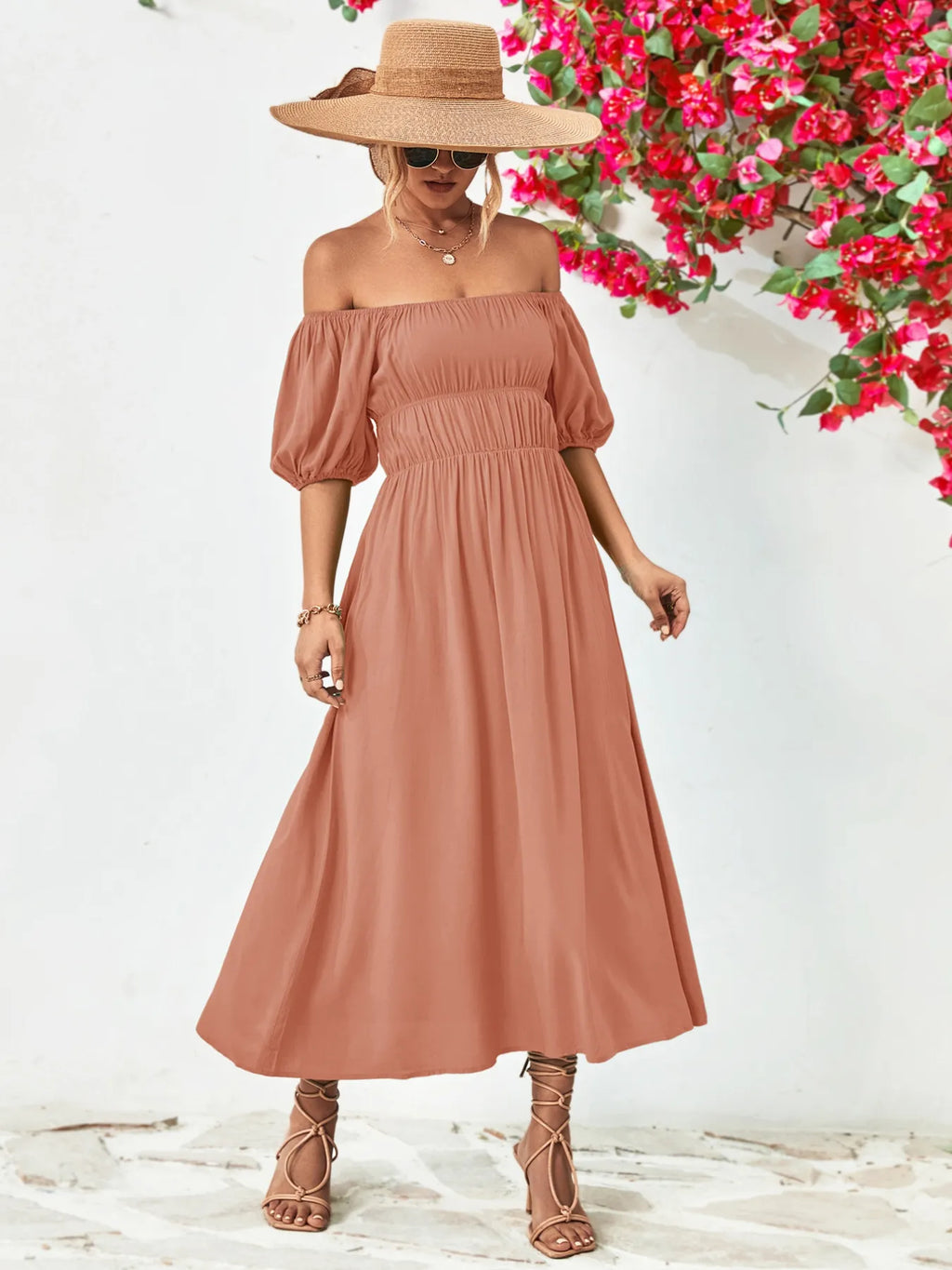 Off-shoulder Puff Sleeve Smocked Maxi Dress (11)