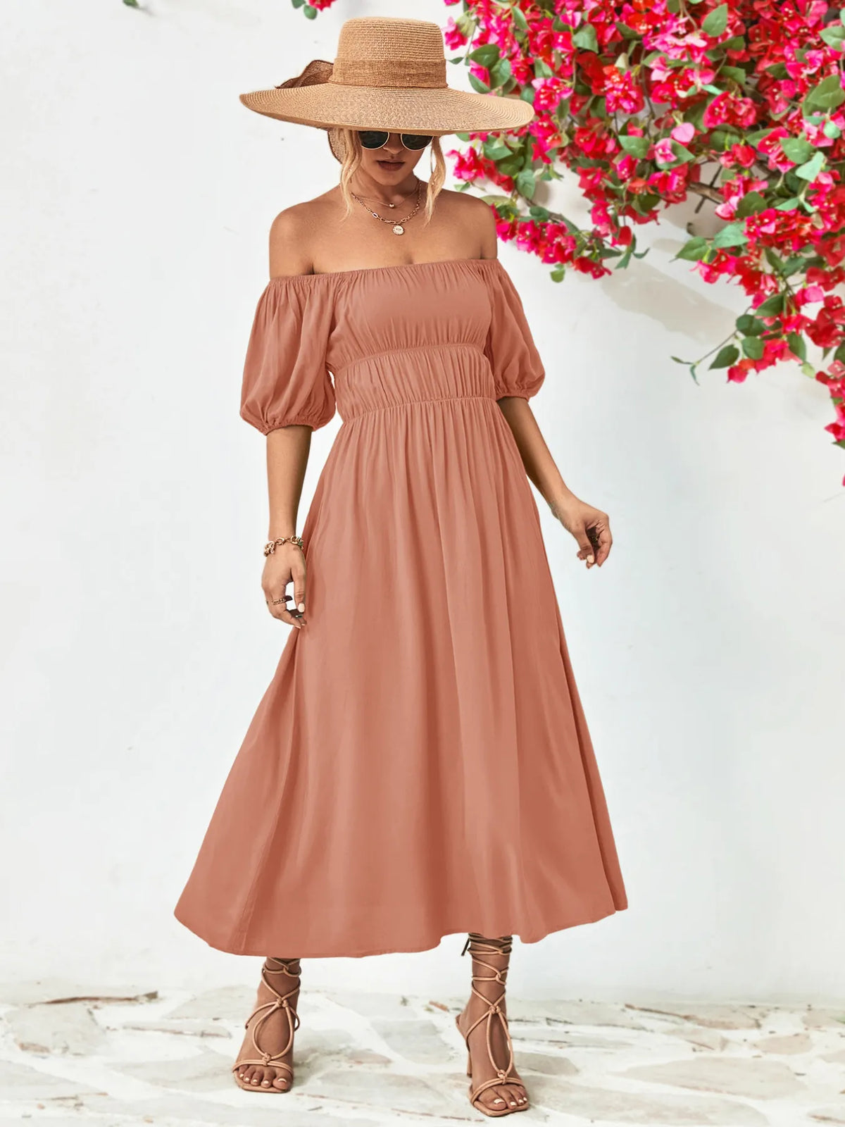 Off-shoulder Puff Sleeve Smocked Maxi Dress (11)