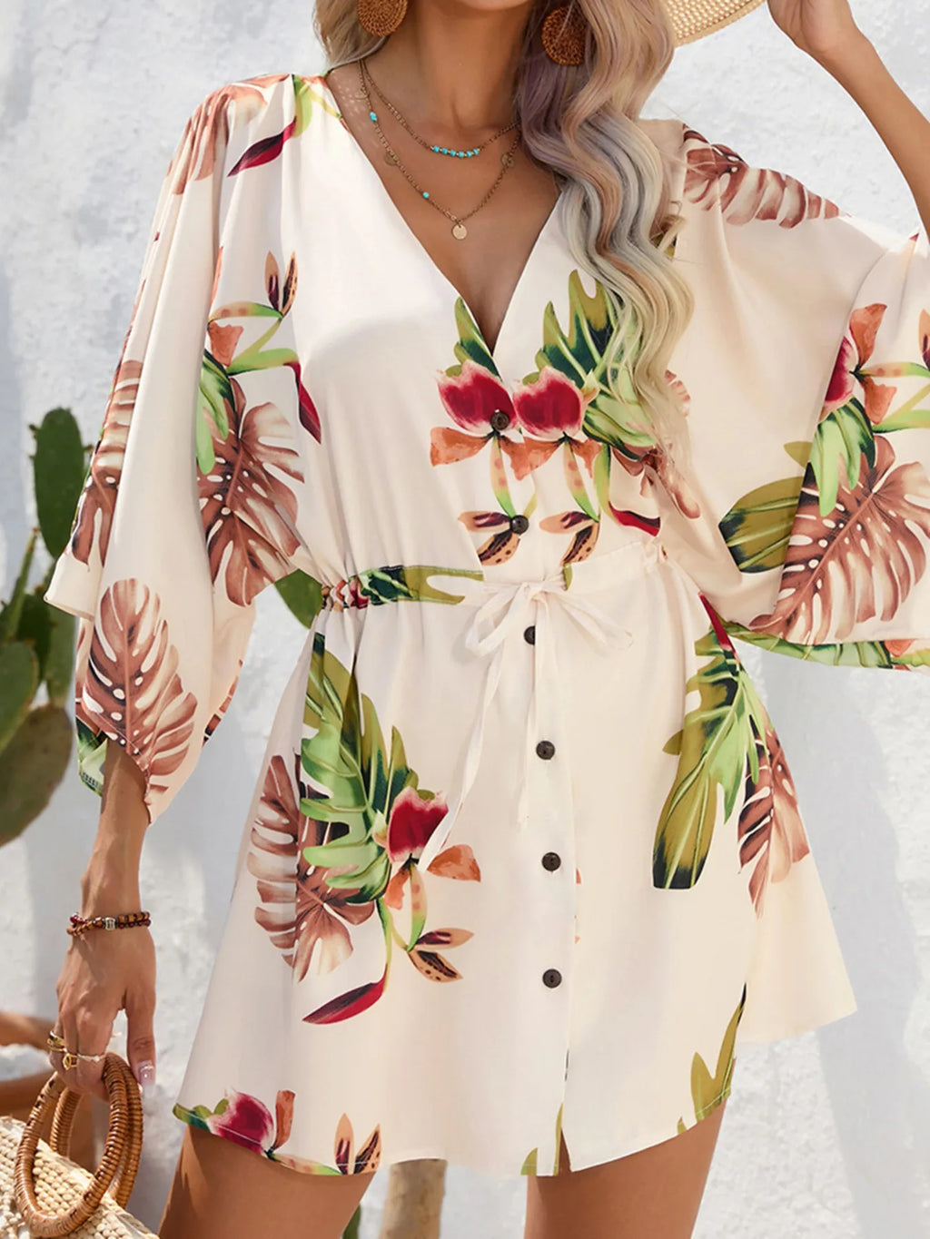 Block Drawstring Waist Button Up Dress (9)
