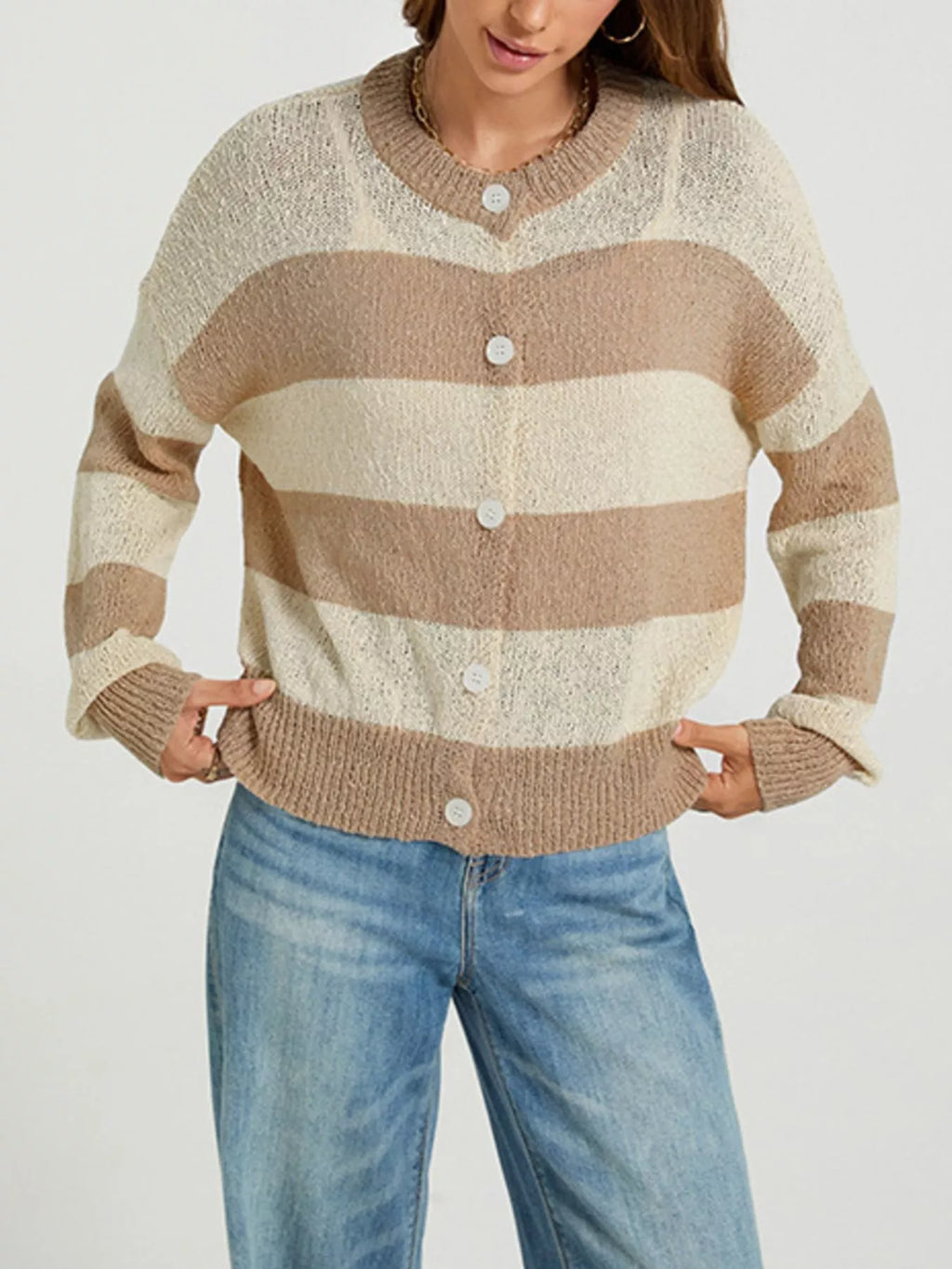 Casual Striped Button-down Knit Cardigan (5)