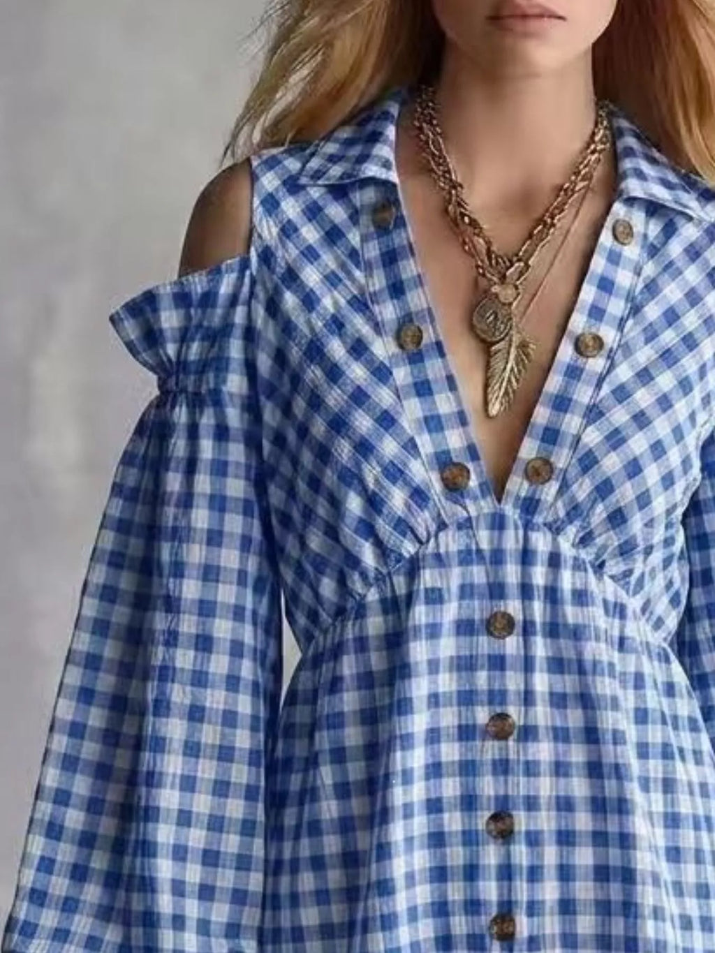Gingham Cold-shoulder Mini Dress (6)
