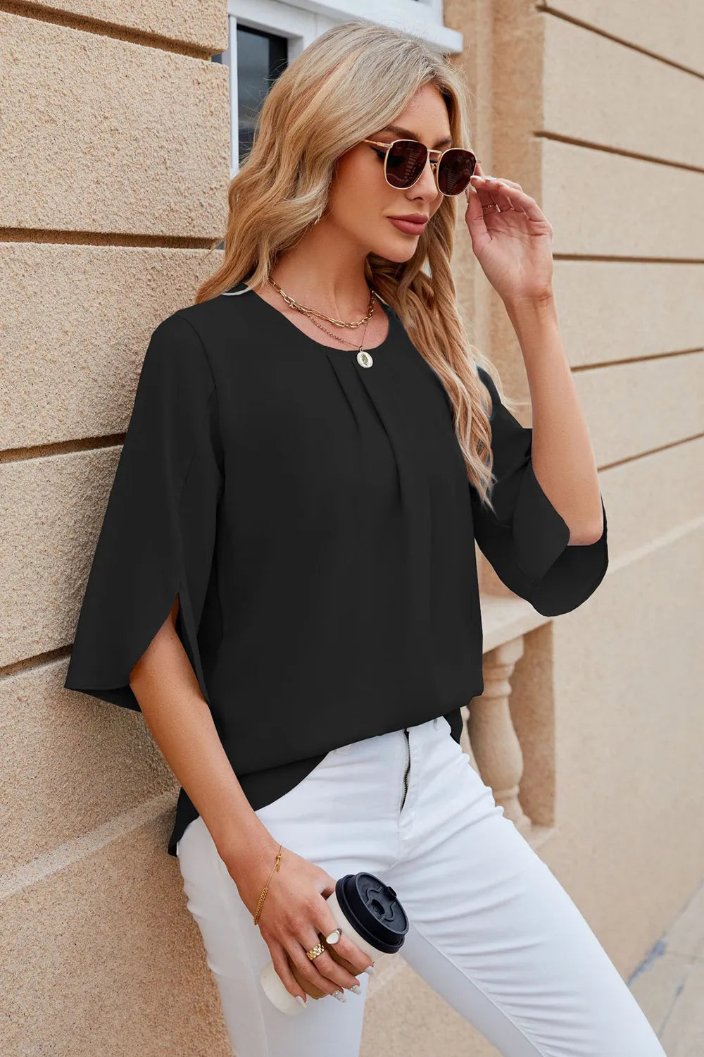 Round Neck Slit Half Sleeve Top (23)