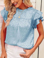 Leopard Frill Mock Neck Ruffled Cap Sleeve Top (10)